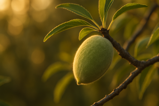 Image photo-réaliste d'une amande (le fruit) sur un amandier en gros plan avec une ambiance de fin de journée