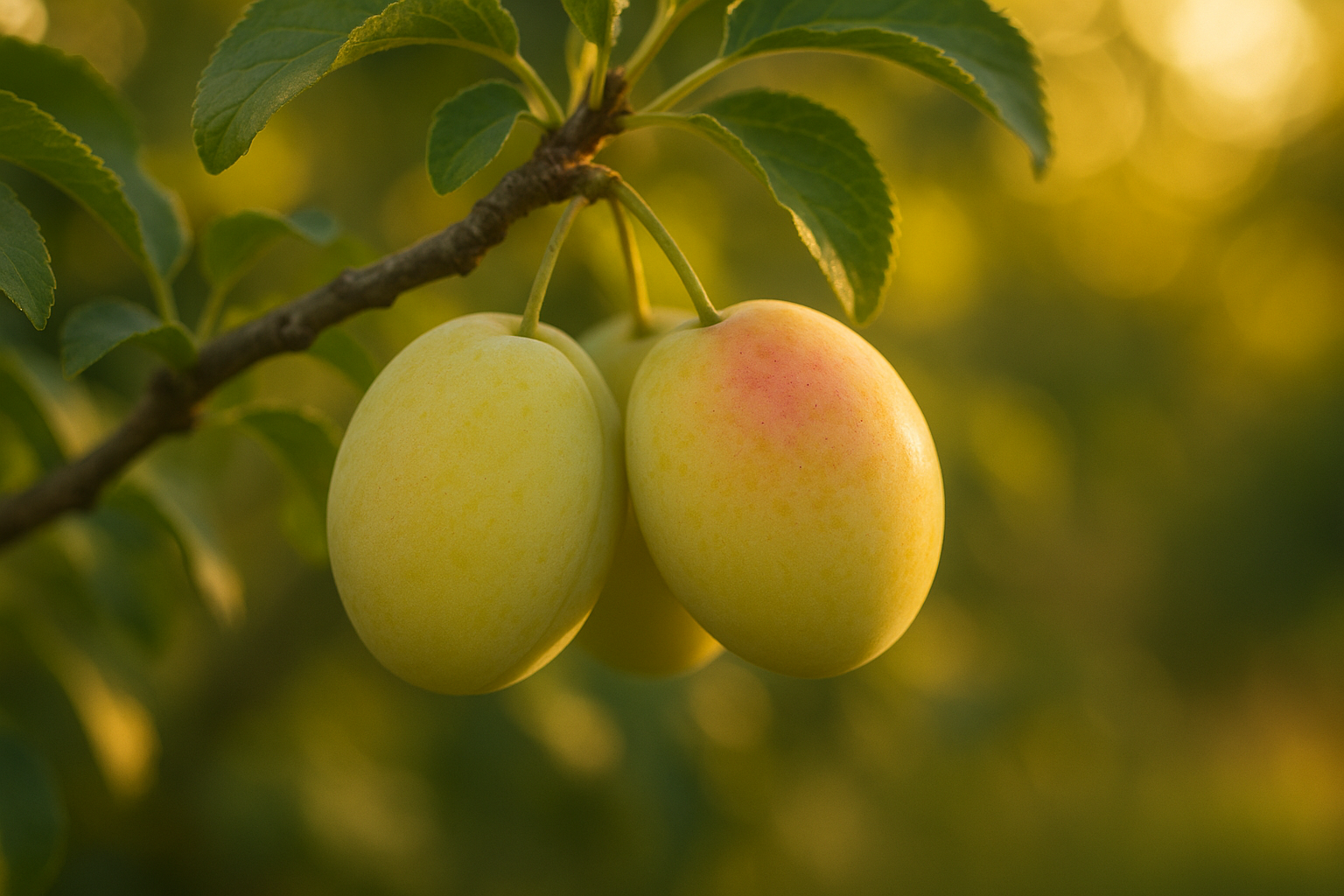 Prunes perdrigon blanc sur l'arbre au coucher du soleil