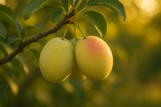 Prunes perdrigon blanc sur l'arbre au coucher du soleil