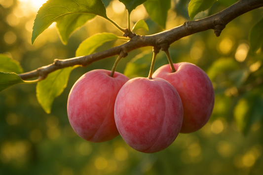 Prunes Queen Victoria plus roses sur un arbre avec lumière de soleil couchant