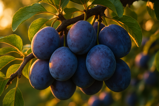 Prunes Stanley sur un arbre au coucher du soleil
