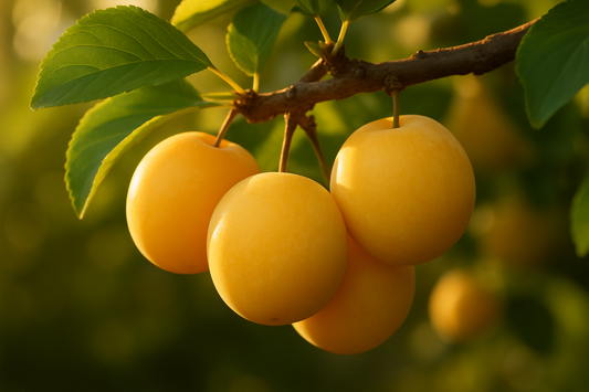 Prunes Ste Catherine jaunes et rondes sur un arbre au soleil couchant
